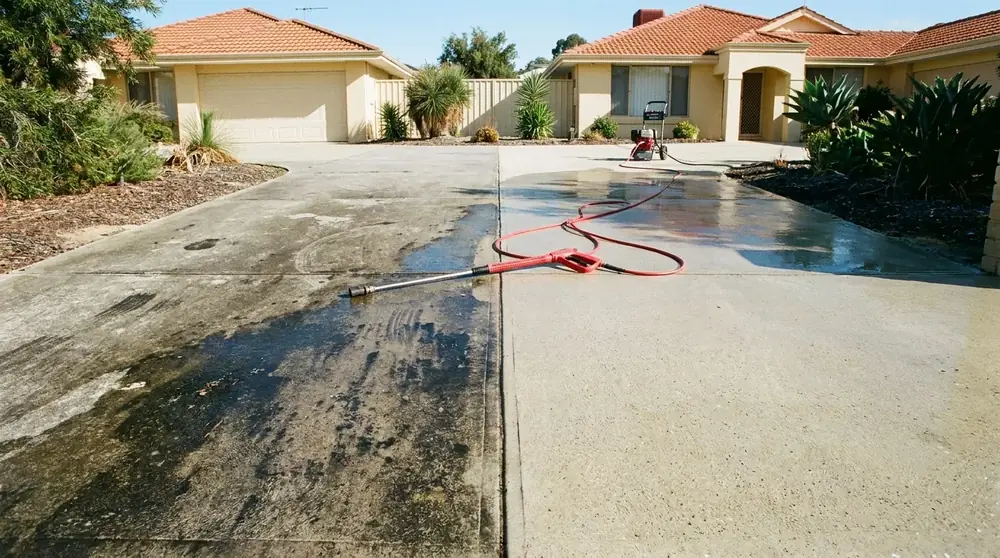 A freshly pressure-cleaned Perth driveway